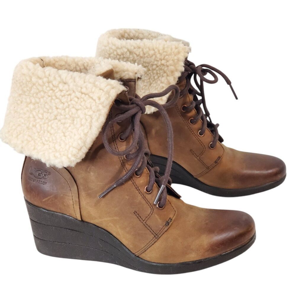 UGG ZEA Wedge Boots Womens Size 7/38 Waterproof Fur Shearling Brown‎ 1008018